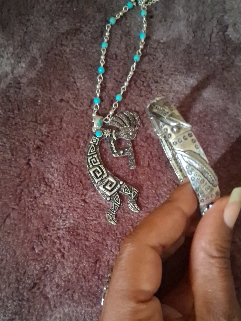 Turquoise Beaded Silver Kokopelli Pendant Necklace - Women Jewelry